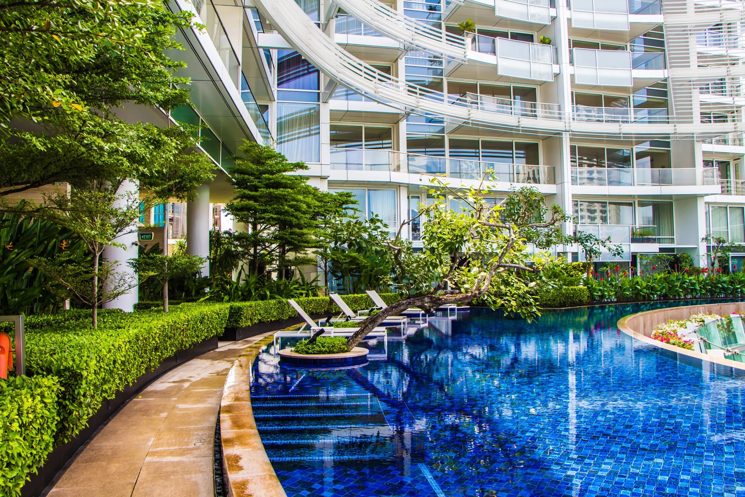 Curved mosaic-tiled pool edged with layered planting beneath a condominium